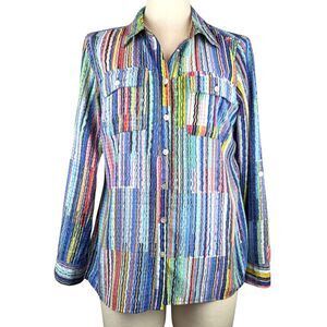 Studio Works Shirt Blouse Top Boho Patchwork Stripe Festival Hippie Casual Sz S